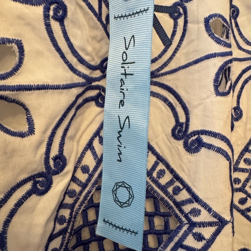 Solitaire Swim Tunic Top Womens White Blue Embroidered Beach Cover Sz L - Picture 3 of 9